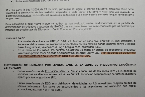 Extracte de la circular, on només hi haurà unitats en castellà en les zones castellanoparlants
